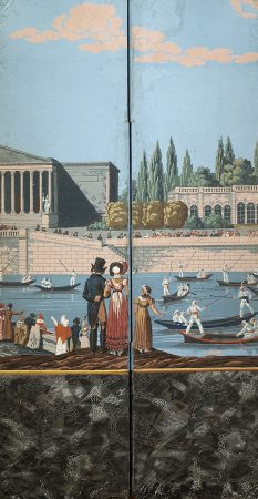 " Fêtes publiques parisiennes", détail d'un papier peint panoramique Manufacture Velay, Paris, vers 1815 Impression à la planche cliché © Musée du Papier Peint, Rixheim, France.