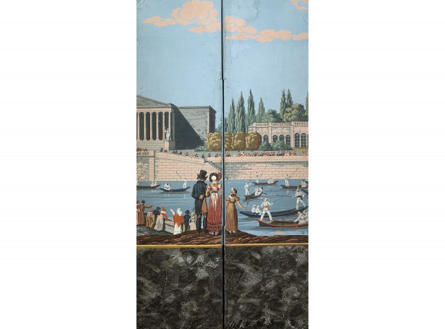 " Fêtes publiques parisiennes", détail d'un papier peint panoramique Manufacture Velay, Paris, vers 1815 Impression à la planche cliché © Musée du Papier Peint, Rixheim, France.