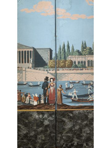 " Fêtes publiques parisiennes", détail d'un papier peint panoramique Manufacture Velay, Paris, vers 1815 Impression à la planche cliché © Musée du Papier Peint, Rixheim.