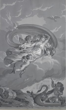 « Psyché enlevée par les Zéphirs » élèment de décor Dessin de Mery-Joseph Blondel et Louis Laffite transposé en papier peint par Xavier Mader Manufacture Jospeh Dufour, Paris, 1815 Impression à la planche cliché ©D.Giannelli, Musée du Papier Peint, Rixheim, France