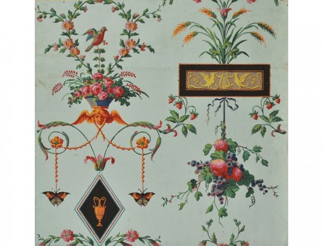 Papier peint à motif répétitif, Manufacture Jacquemart et Bénard, référence 1181, Paris, 1794-1797, papier rabouté, fond mat, impression planche, 12 couleurs, Musée du Papier peint, Rixheim, France, inv. 992PP8-9