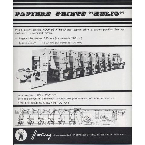 Publicité pour un constructeur de machine d’impression en héliographie, Holweg à Strasbourg, Revue française du papier peint, n°9, 1969