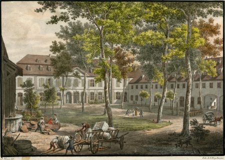 Estampe, "Fabrique de Papiers peints de Mrs. Jn. ZUBER & Cie", Editeur Godefroy Engelman, Mulhouse, 1823, Dessinateur Jean Mieg (1791-1862), lithographie coloriée sur papier