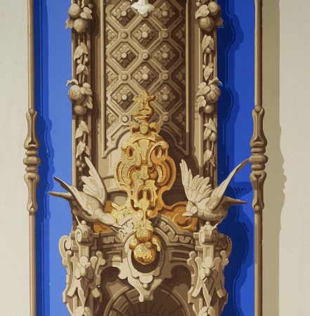 Détail du pilastre du décor « Chasse et pêche » Manufacture Lapeyre, Paris, 1839 Impression à la planche de la manufacture Desfossé & Karth, Paris, après 1864 cliché © D.Giannelli, Musée du Papier Peint, Rixheim, France