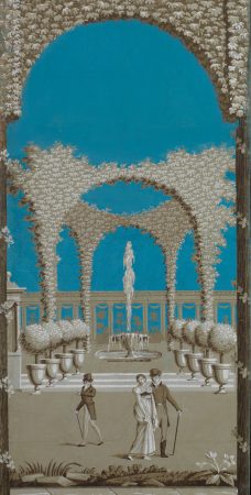Promeneurs, détail du papier peint panoramique « Palais Royal » Manufacture Inconnue, vers 1810 Impression à la planche Cliché © D. Gianelli, Musée du Papier Peint, Rixheim, France.