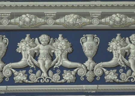 Bordure, putto et corne d’abondance, papier peint, Manufacture Dufour, Paris, vers 1820, numéro de référence Dufour : 1566, papier rabouté, fond lissé, impression à la planche, 7 couleurs, Musée du Papier peint, Rixheim, France, inv. 2003 PP 36-3
