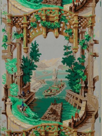 Papier peint à motif répétitif, Paysage et scène de hallage, Manufacture Anonyme, France, années 1840-1850, papier continu, fond mat, impression à la planche, irisé, 20 couleurs, Musée du papier peint, Rixheim, France, inv. 2004 PP 20.
