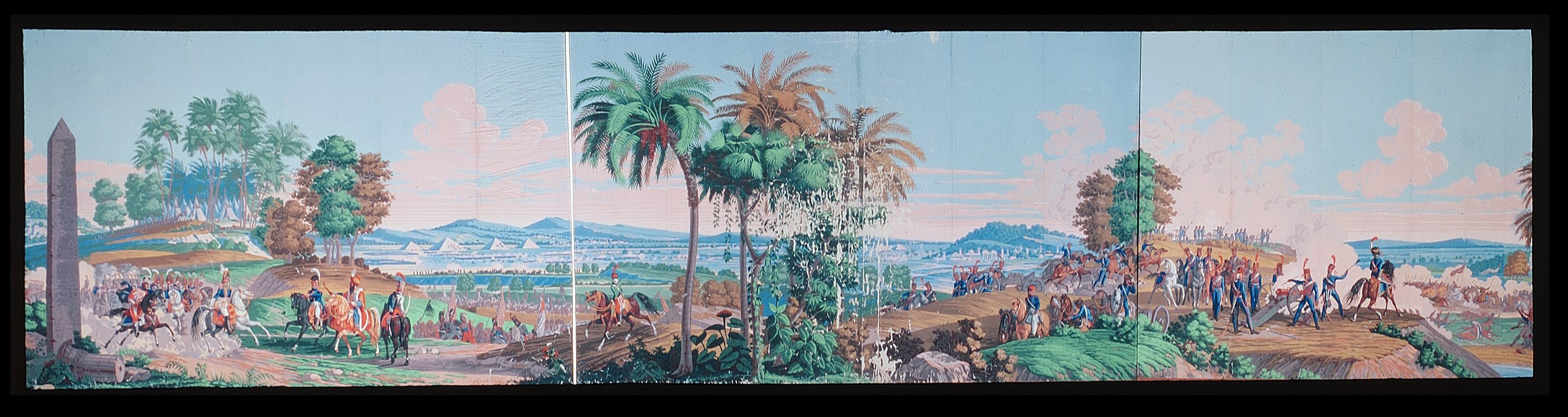 "Les Français en Egypte", papier peint panoramique, Manufacture Velay, Paris vers 1818. D'après une maquette de Jean-Julien Deltil, impression à la planche. Collection du Musée du Papier Peint, Rixheim, Cliché Dominique Giannelli, Musée du Papier Peint, Rixheim, France © 